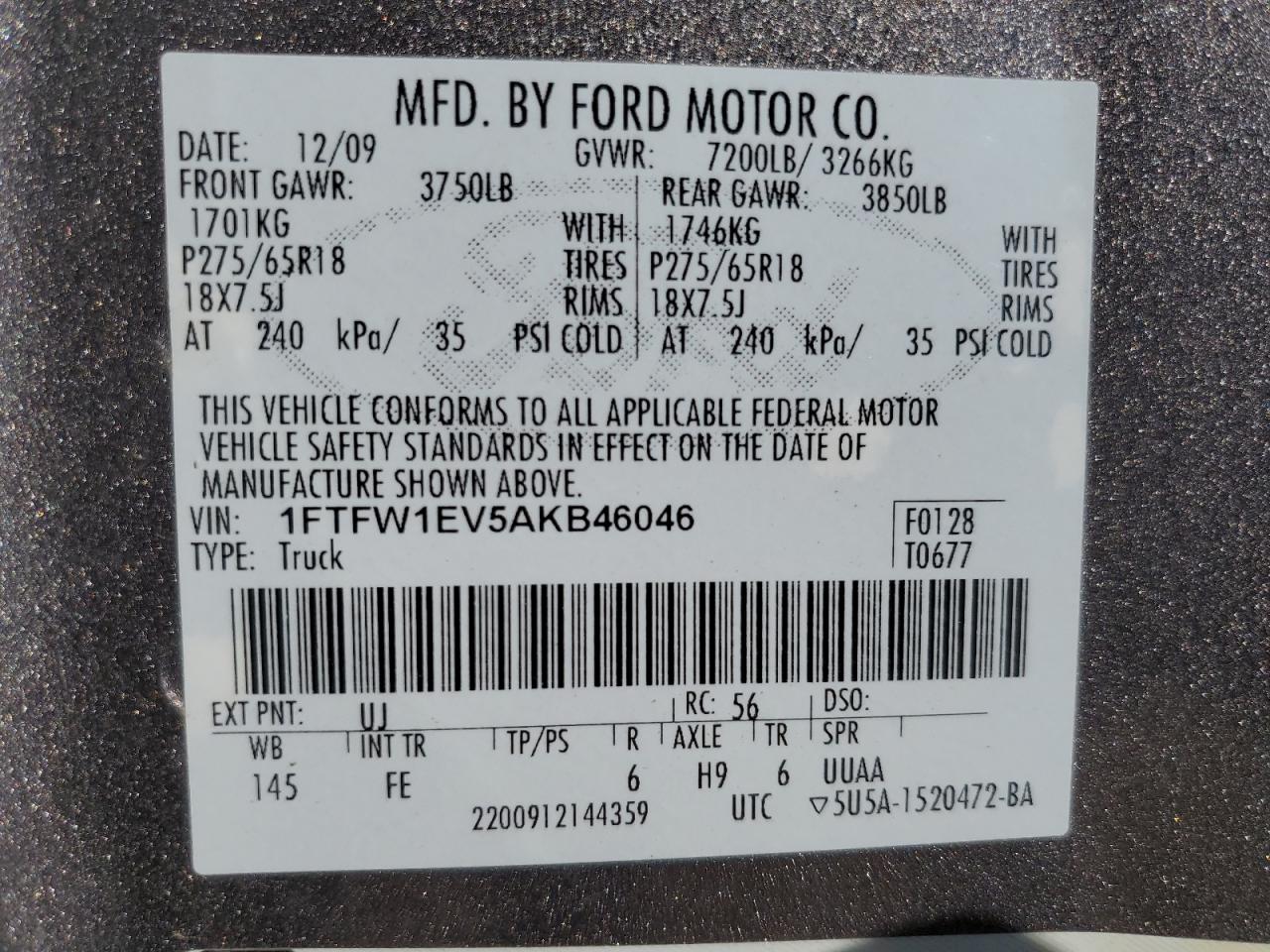 2010 Ford F150 Supercrew VIN: 1FTFW1EV5AKB46046 Lot: 69040405