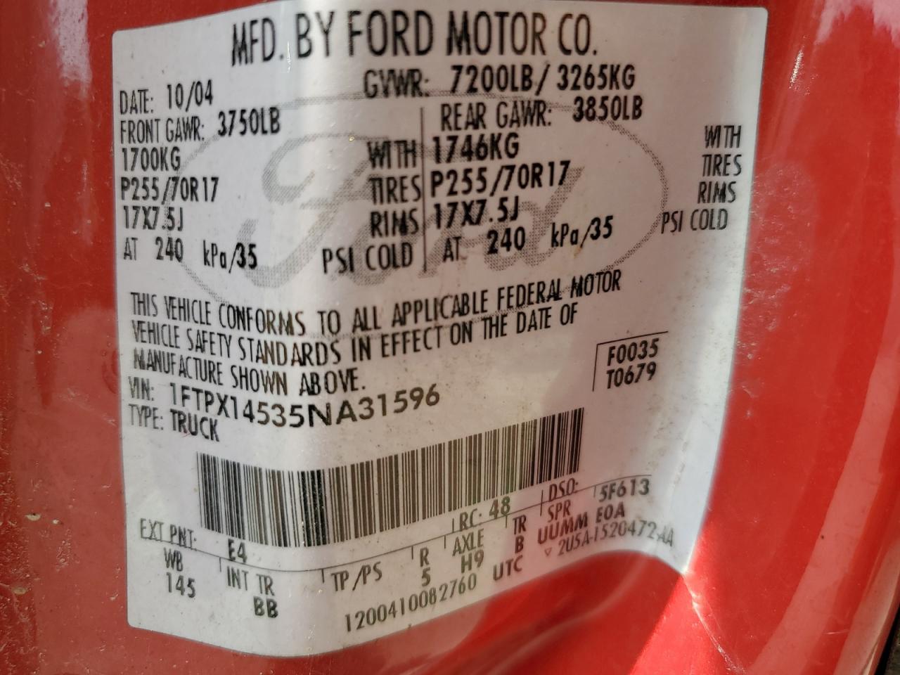 2005 Ford F150 VIN: 1FTPX14535NA31596 Lot: 68454795