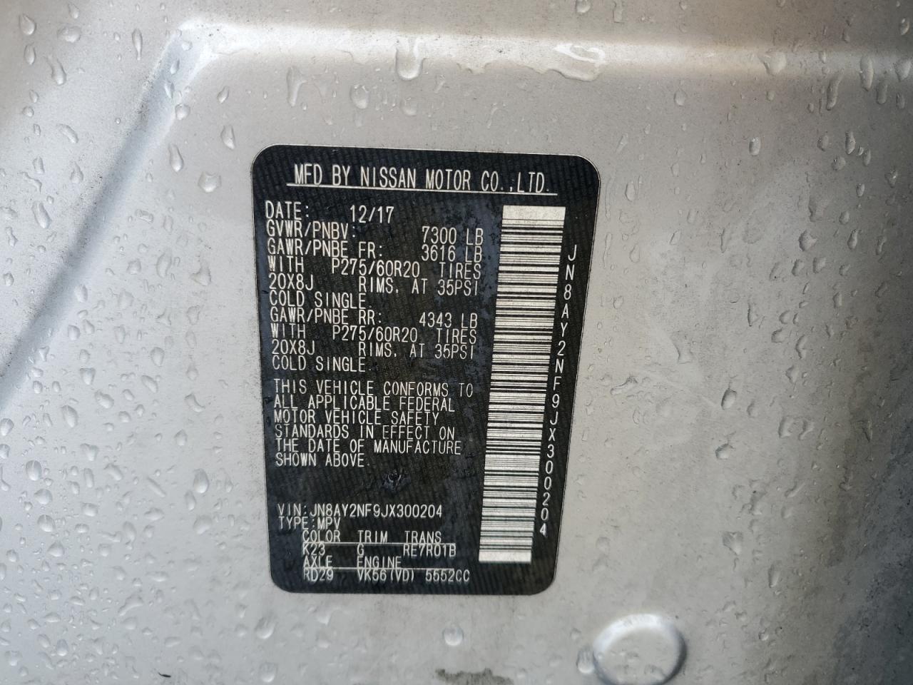 2018 Nissan Armada Platinum VIN: JN8AY2NF9JX300204 Lot: 70696705