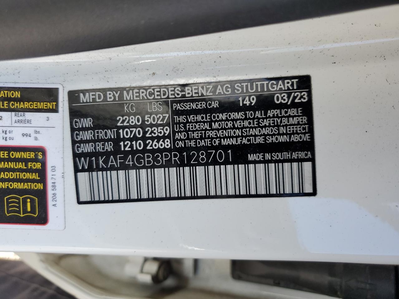 2023 Mercedes-Benz C 300 VIN: W1KAF4GB3PR128701 Lot: 70181915