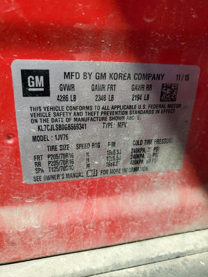 2016 Chevrolet Trax 1Lt VIN: KL7CJLSB0GB569341 Lot: 70886705