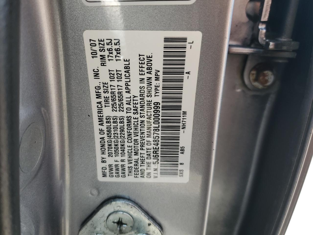 2008 Honda Cr-V Ex VIN: 5J6RE48578L000999 Lot: 68393975