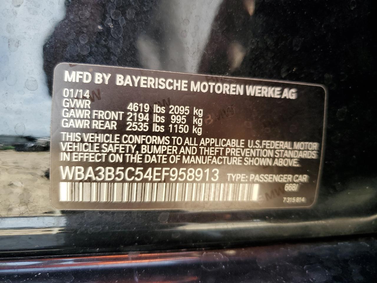 2014 BMW 328 Xi Sulev VIN: WBA3B5C54EF958913 Lot: 68148385