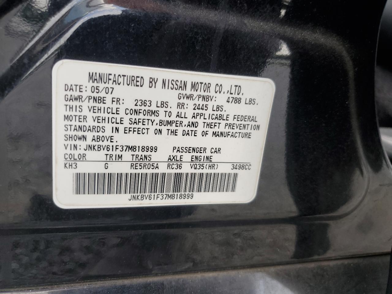 2007 Infiniti G35 VIN: JNKBV61F37M818999 Lot: 70552185