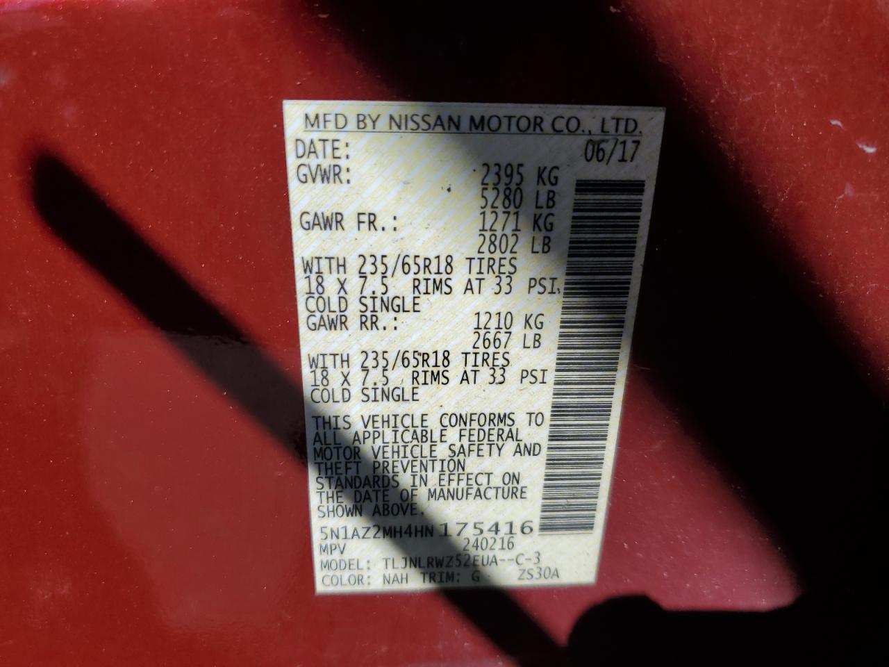 2017 Nissan Murano S VIN: 5N1AZ2MH4HN176541 Lot: 67824555