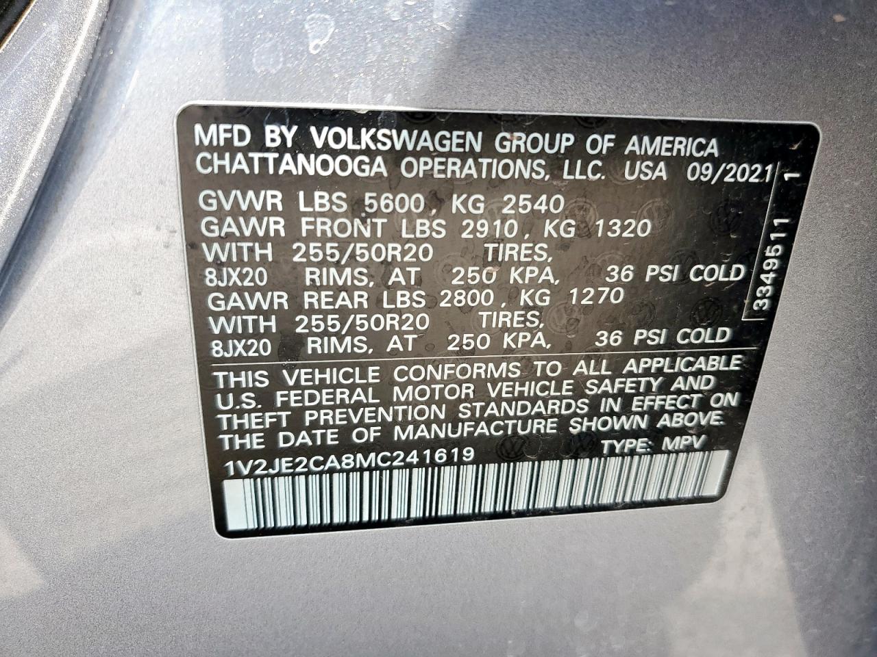 2021 Volkswagen Atlas Cross Sport Se VIN: 1V2JE2CA8MC241619 Lot: 67494435