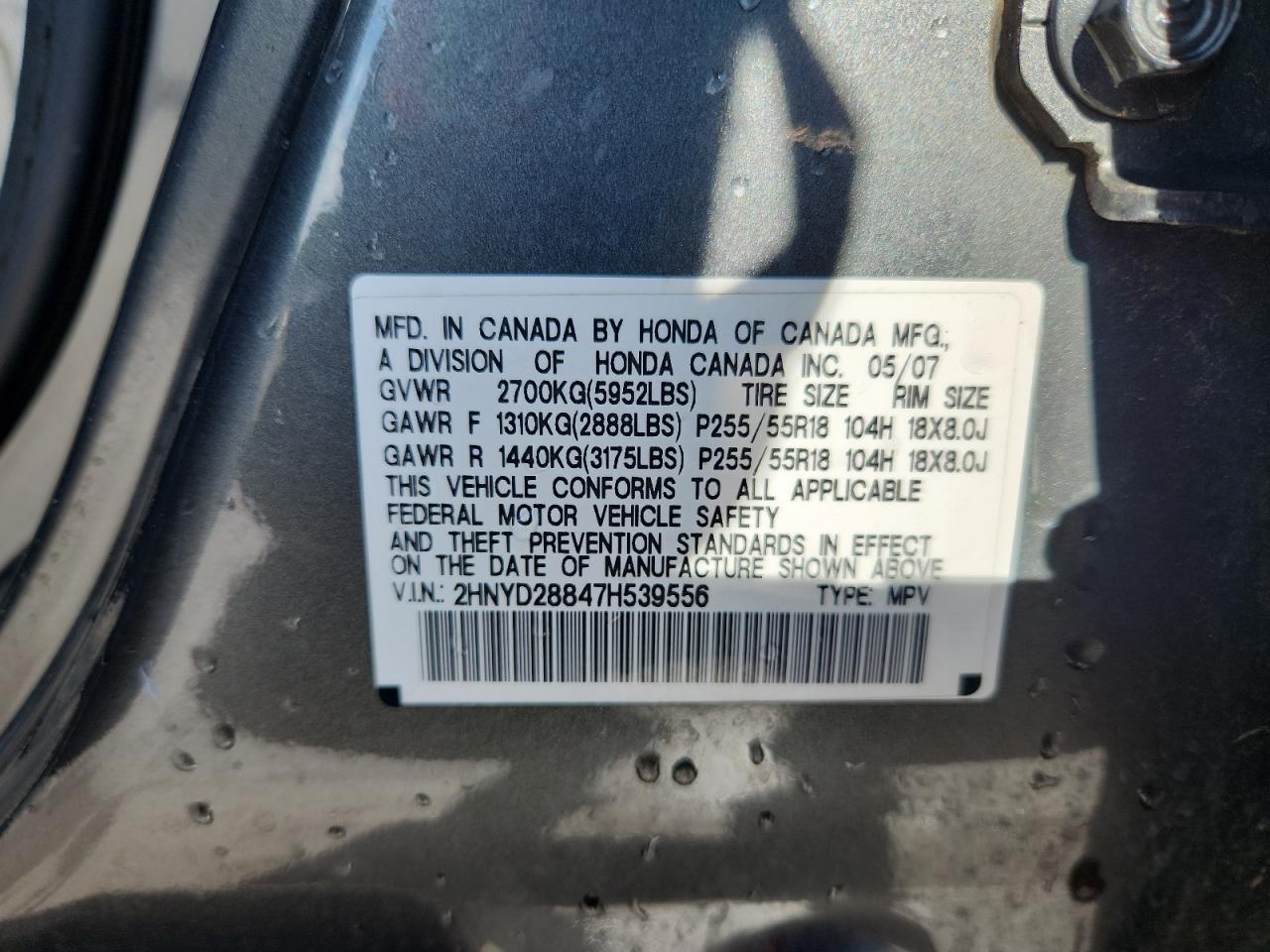 2007 Acura Mdx Sport VIN: 2HNYD28847H539556 Lot: 70674205