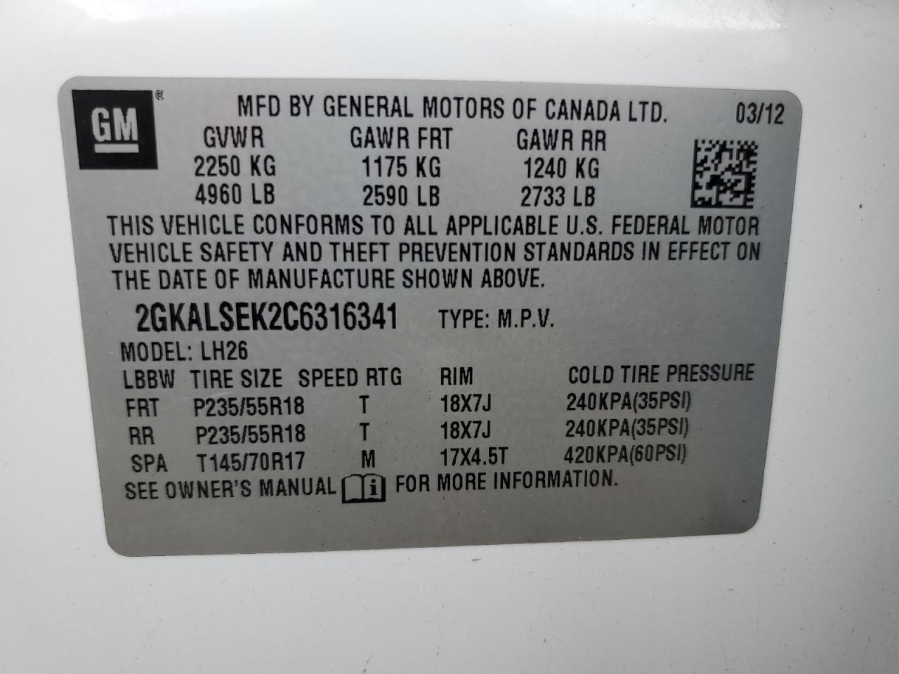 2012 GMC Terrain Sle VIN: 2GKALSEK2C6316341 Lot: 71144045