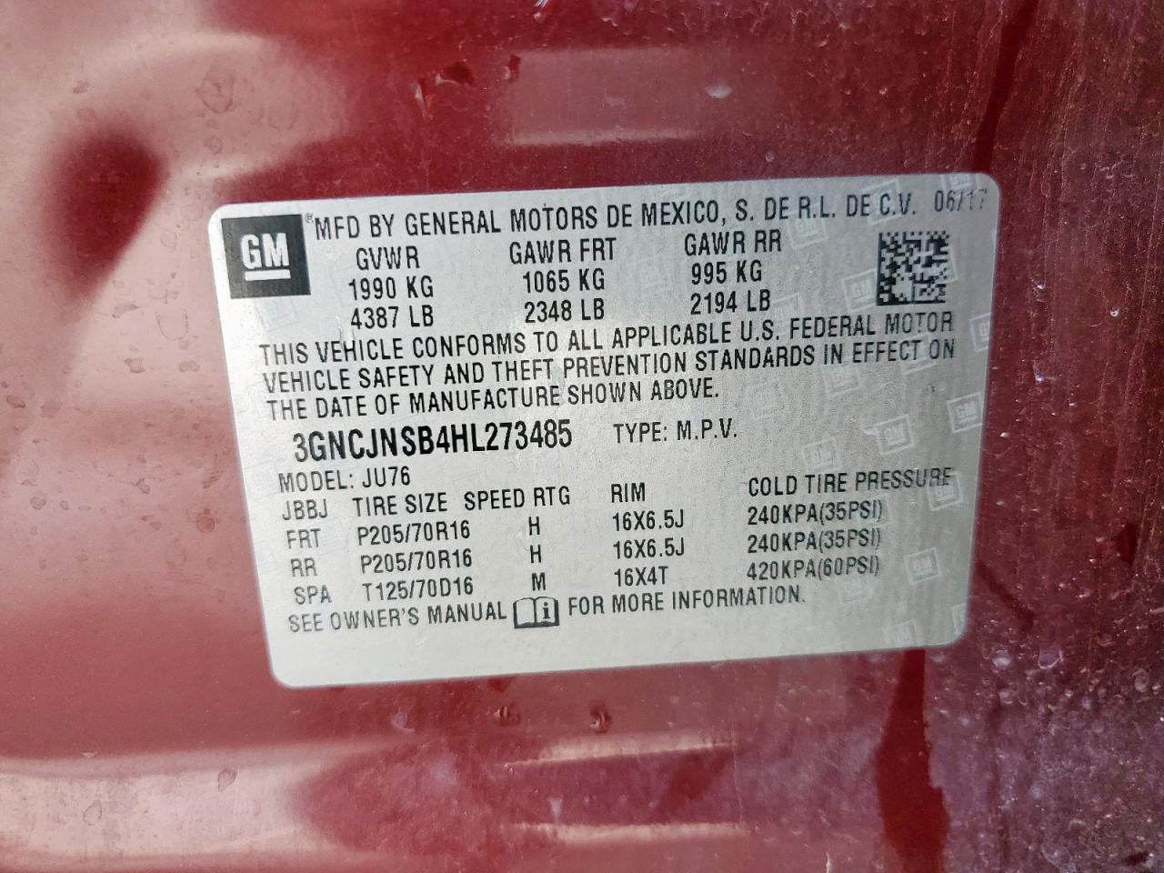 2017 Chevrolet Trax Ls VIN: 3GNCJNSB4HL273485 Lot: 70521635