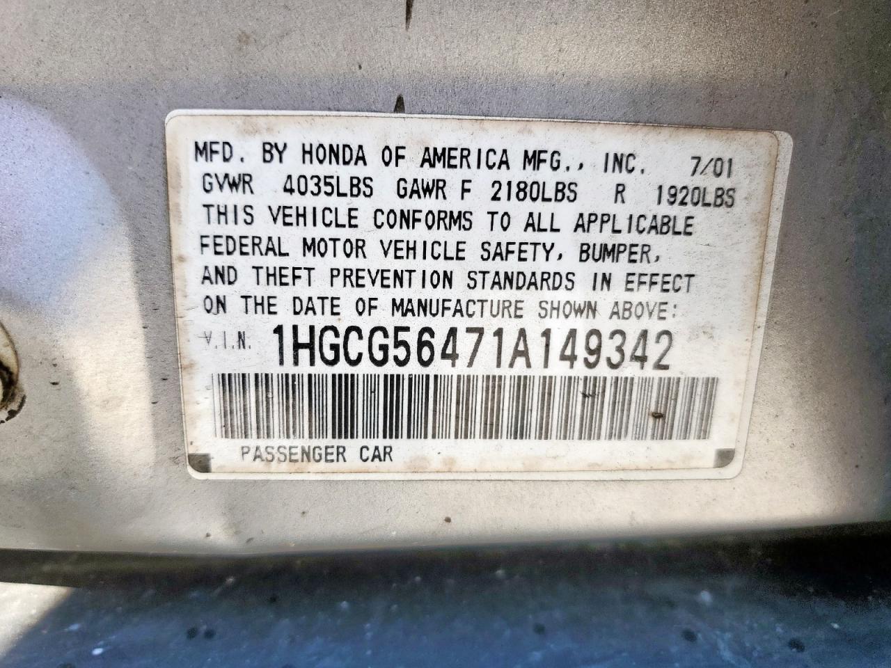 2001 Honda Accord Lx VIN: 1HGCG56471A149342 Lot: 69288705