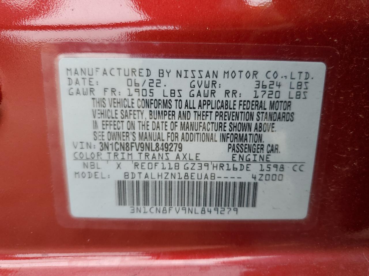 2022 Nissan Versa Sr VIN: 3N1CN8FV9NL849279 Lot: 69781835