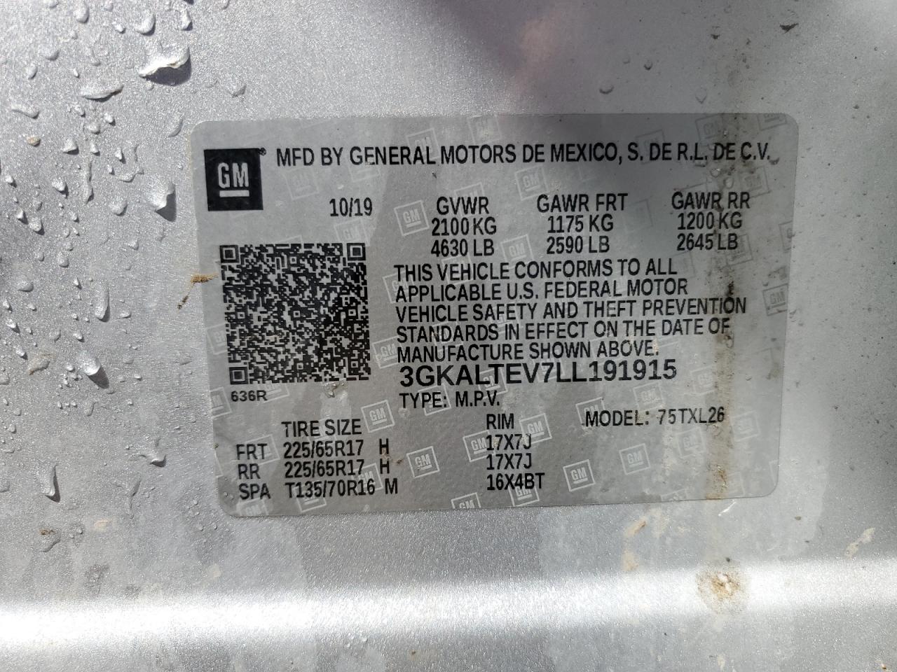 2020 GMC Terrain Sle VIN: 3GKALTEV7LL191915 Lot: 69912565