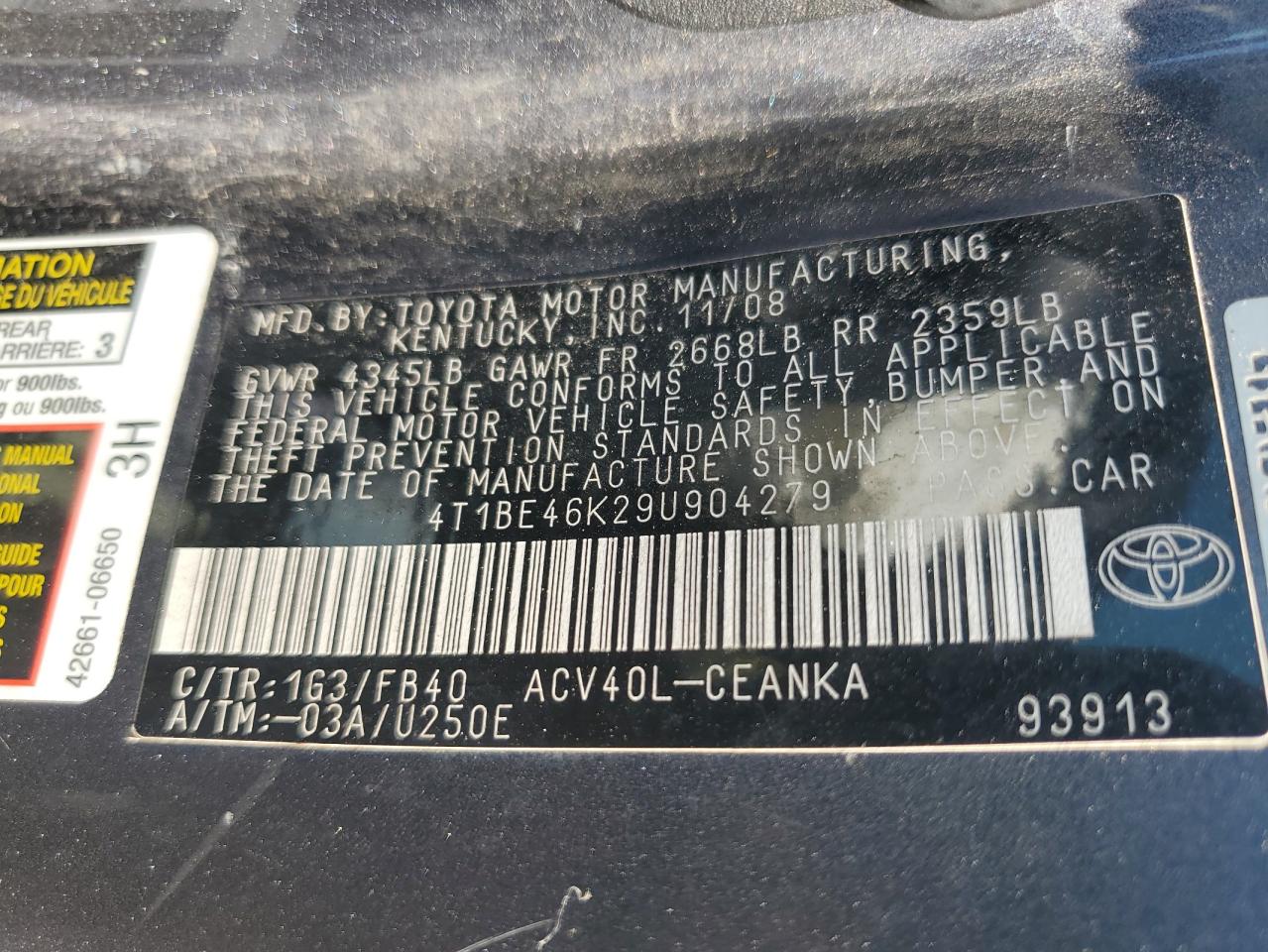 2009 Toyota Camry Base VIN: 4T1BE46K29U904279 Lot: 68688015