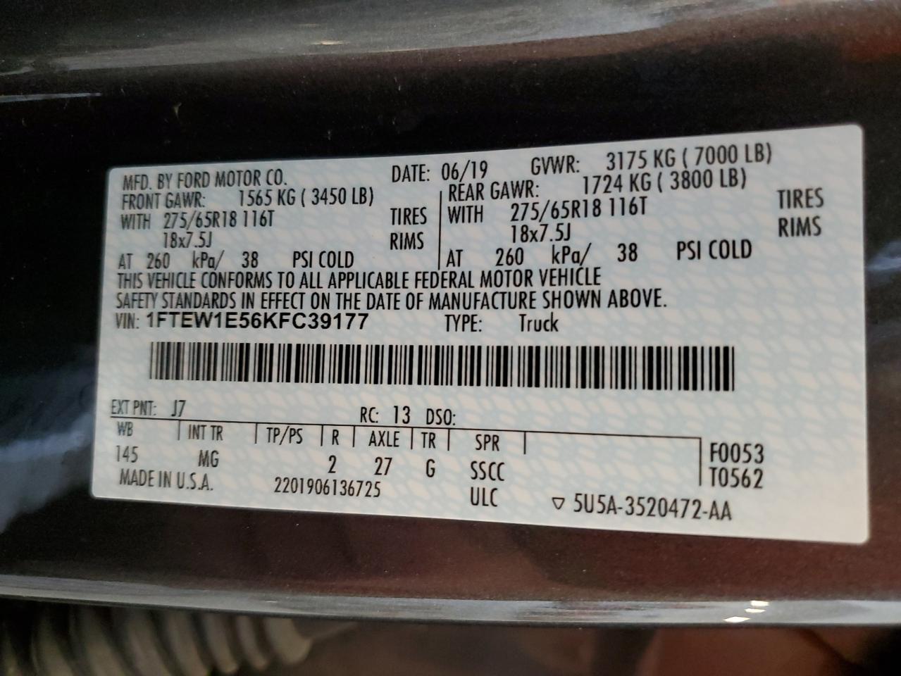 2019 Ford F150 Supercrew VIN: 1FTEW1E56KFC39177 Lot: 71060195