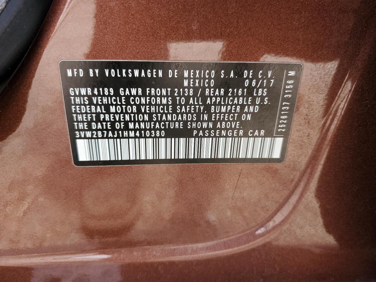 2017 Volkswagen Jetta S VIN: 3VW2B7AJ1HM410380 Lot: 67967075