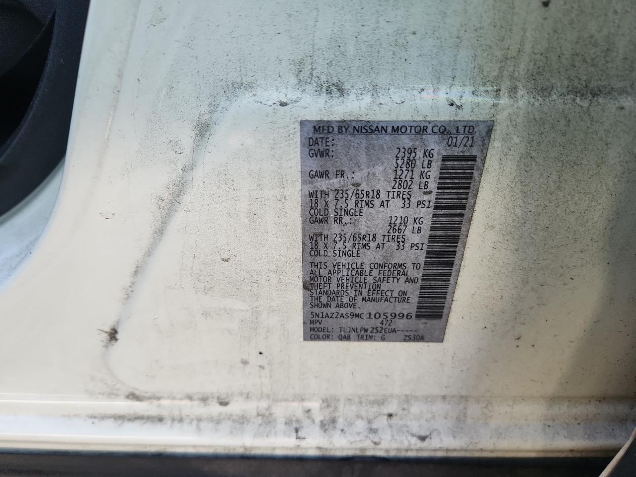 2021 Nissan Murano S VIN: 5N1AZ2AS9MC105996 Lot: 69695935