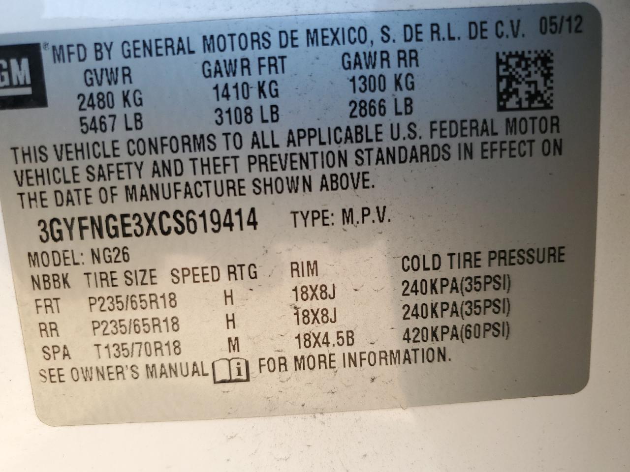 2012 Cadillac Srx VIN: 3GYFNGE3XCS619414 Lot: 69319725