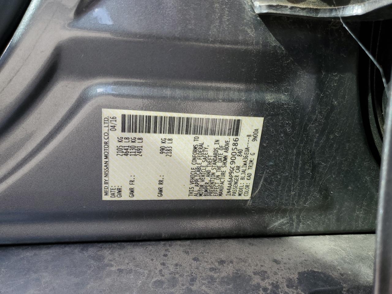 2016 Nissan Maxima 3.5S VIN: 1N4AA6AP9GC900586 Lot: 70202865