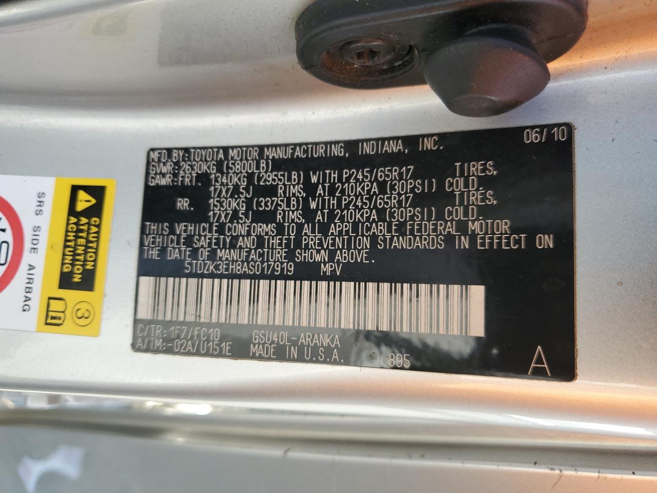 2010 Toyota Highlander VIN: 5TDZK3EH8AS017919 Lot: 68102855