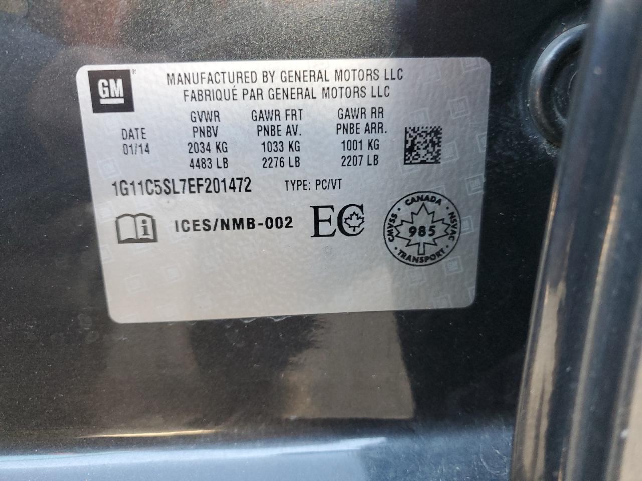 2014 Chevrolet Malibu 1Lt VIN: 1G11C5SL7EF201472 Lot: 69921895