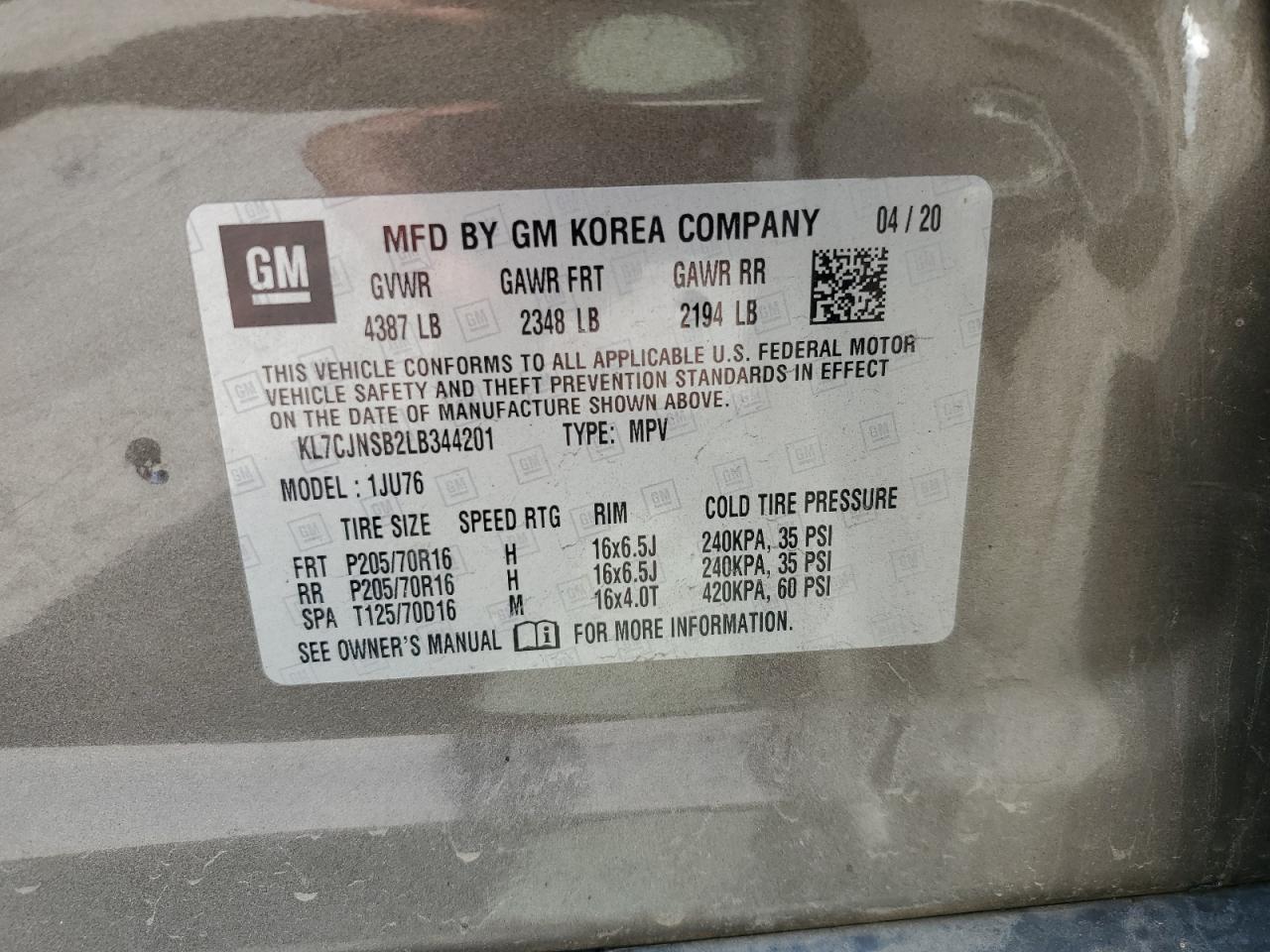 2020 Chevrolet Trax Ls VIN: KL7CJNSB2LB344201 Lot: 69615855