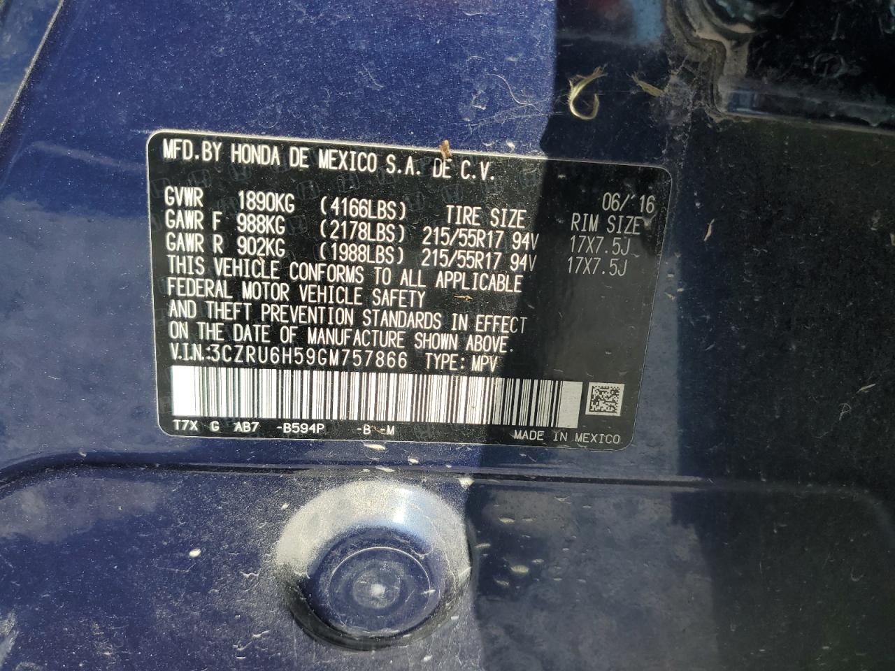 2016 Honda Hr-V Ex VIN: 3CZRU6H59GM757866 Lot: 69574995