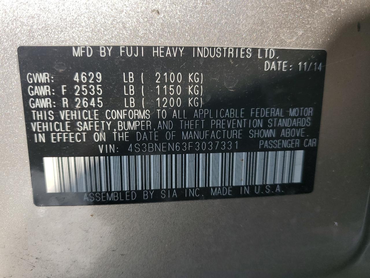 2015 Subaru Legacy 3.6R Limited VIN: 4S3BNEN63F3037331 Lot: 68890245