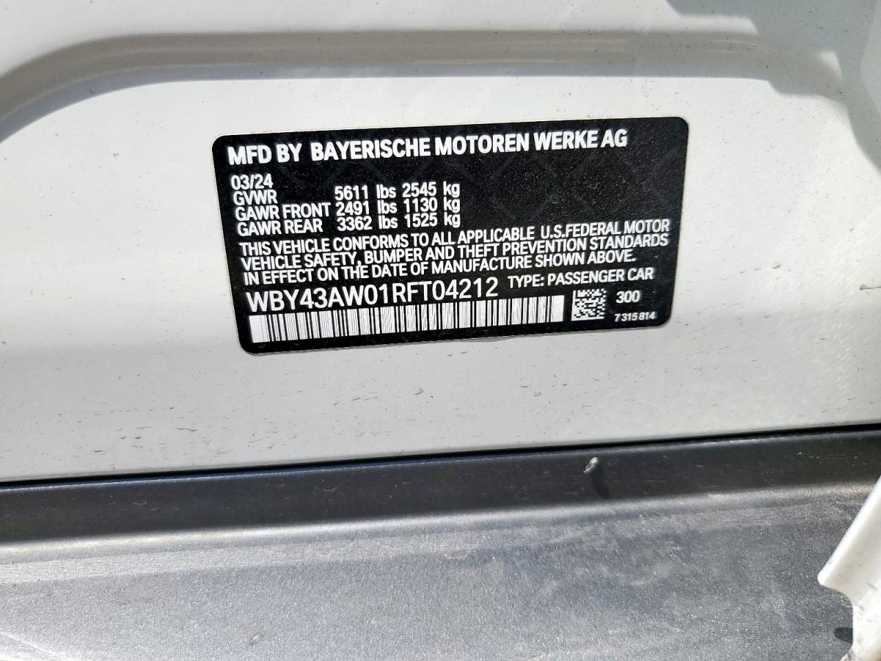 2024 BMW I4 Edrive 35 VIN: WBY43AW01RFT04212 Lot: 68788195