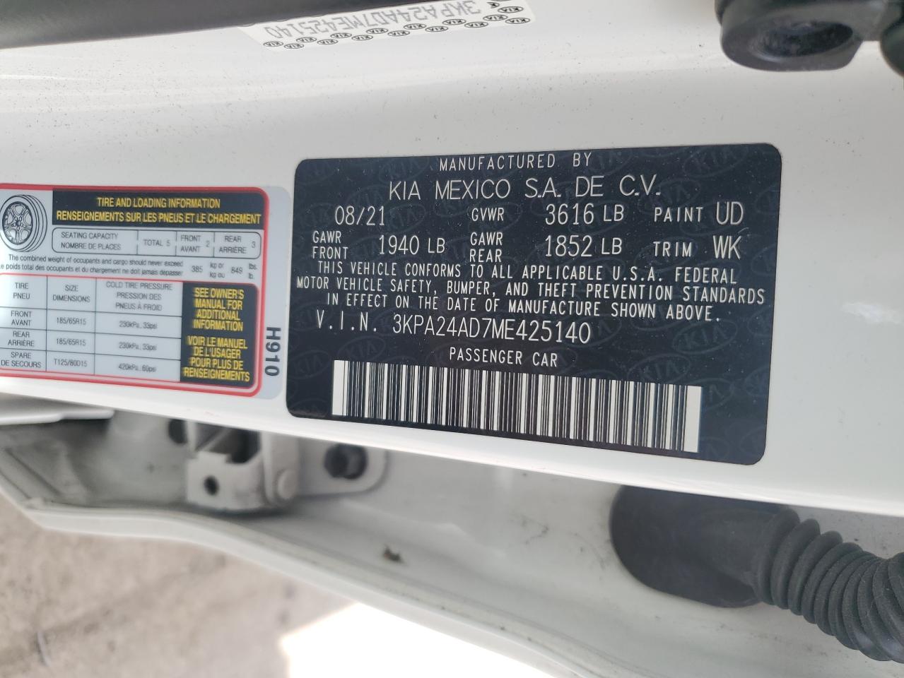 2021 Kia Rio Lx VIN: 3KPA24AD7ME425140 Lot: 70836265