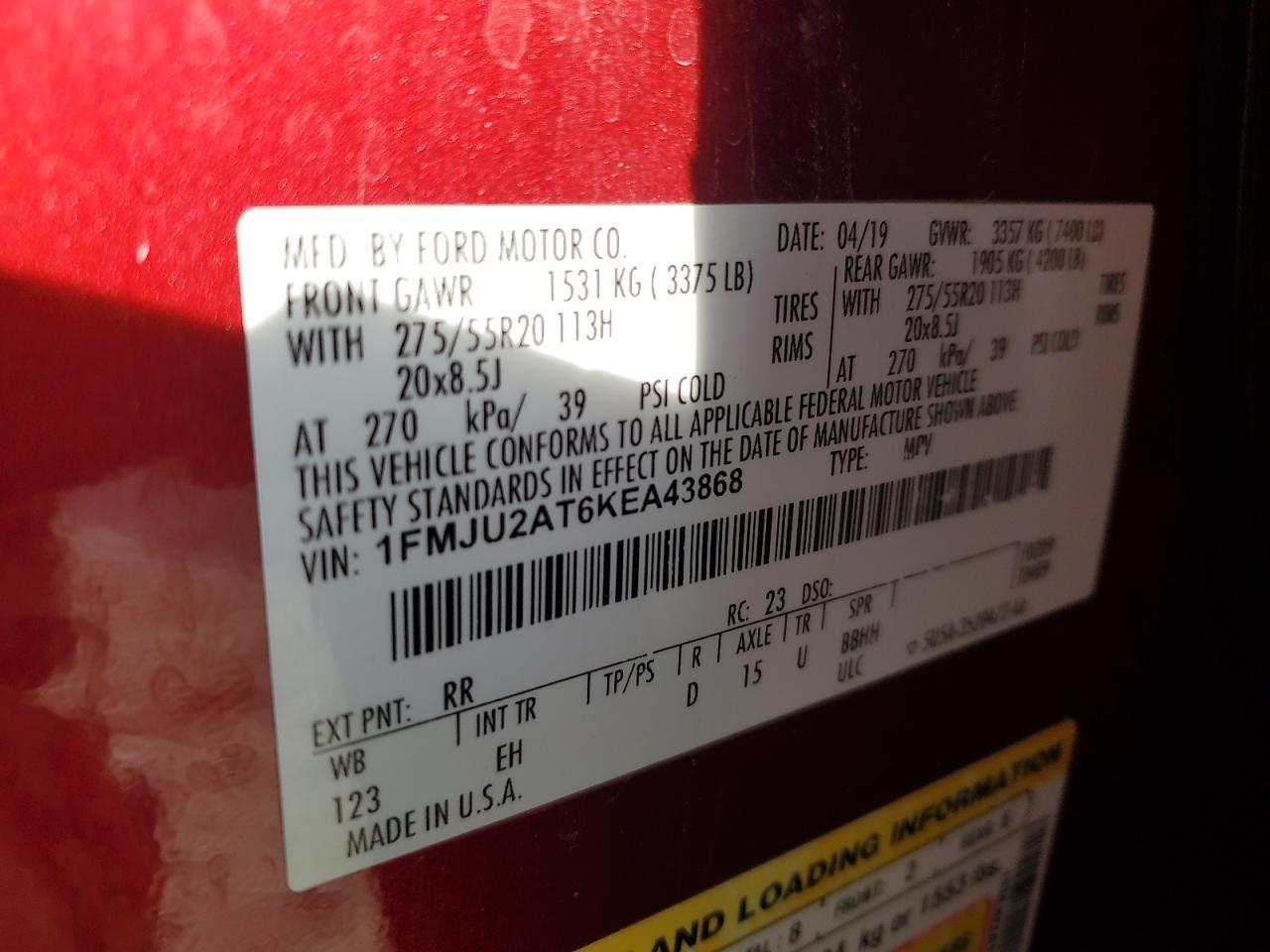 2019 Ford Expedition Limited VIN: 1FMJU2AT6KEA43868 Lot: 68830915