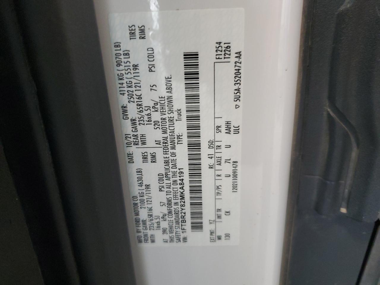2021 Ford Transit T-250 VIN: 1FTBR2Y82MKA84191 Lot: 66925295
