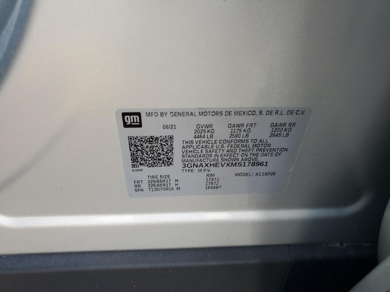 2021 Chevrolet Equinox Ls VIN: 3GNAXHEVXMS178961 Lot: 69046625