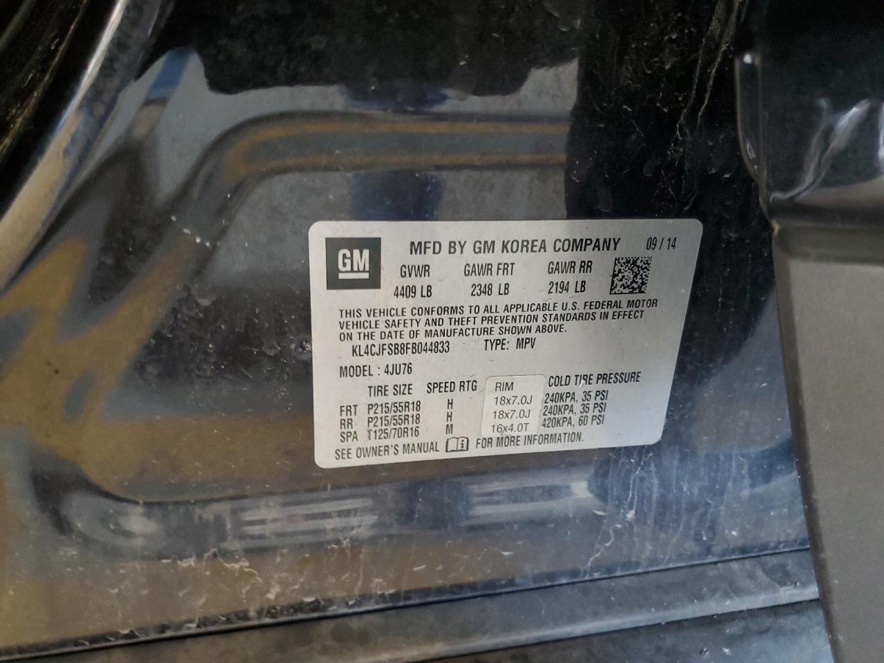 2015 Buick Encore Convenience VIN: KL4CJFSB8FB044833 Lot: 70655175