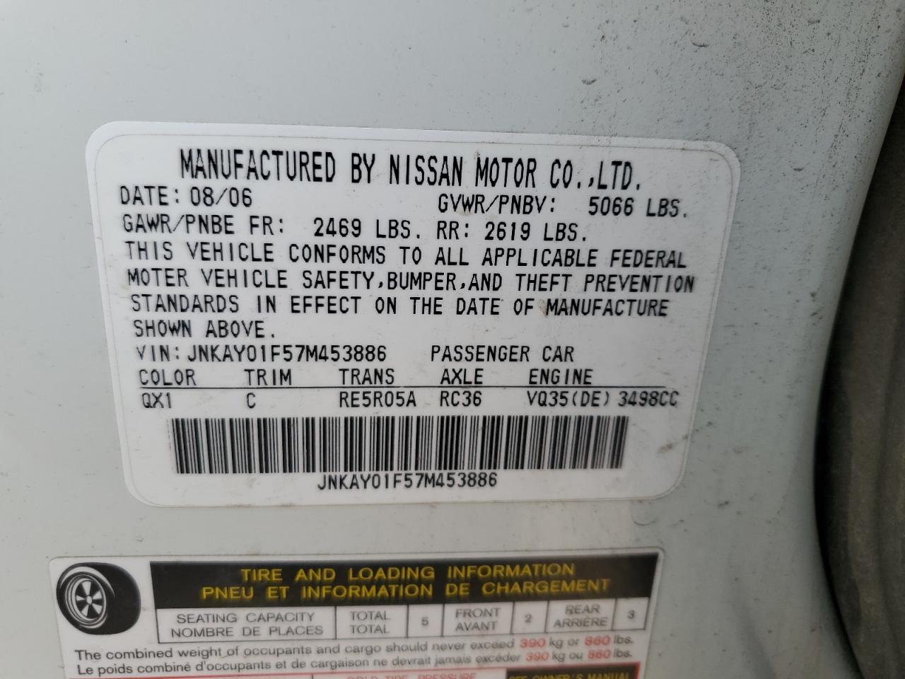 2007 Infiniti M35 Base VIN: JNKAY01F57M453886 Lot: 68883275