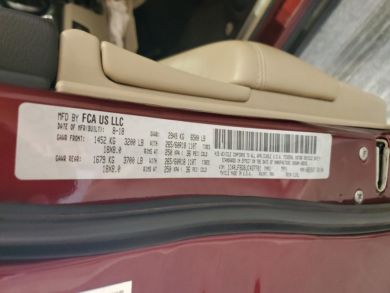 2018 Jeep Grand Cherokee Limited VIN: 1C4RJFBG8JC437701 Lot: 70404565