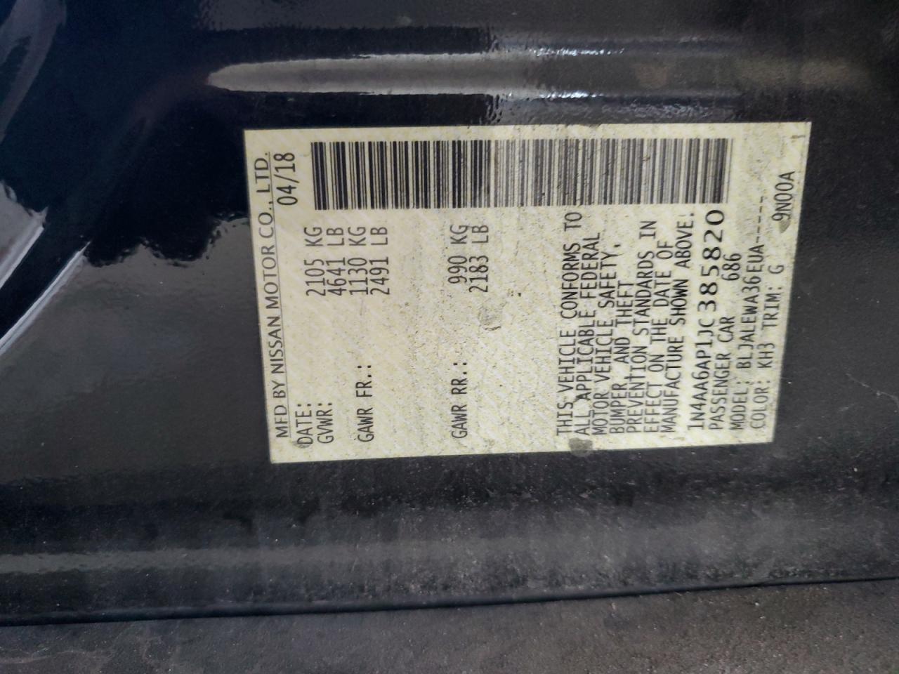 2018 Nissan Maxima 3.5S VIN: 1N4AA6AP1JC385820 Lot: 69939175