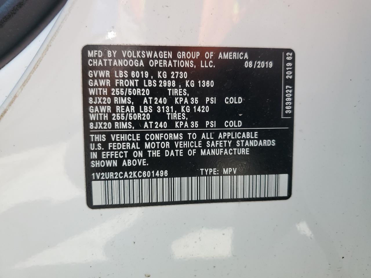 2019 Volkswagen Atlas Se VIN: 1V2UR2CA2KC601496 Lot: 69463265