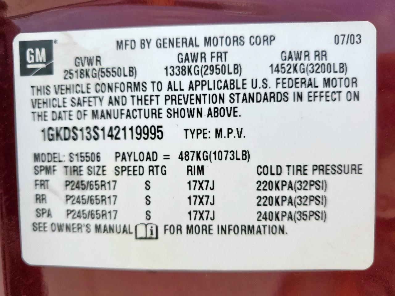 2004 GMC Envoy VIN: 1GKDS13S142119995 Lot: 68869885