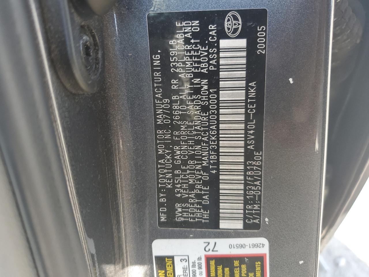 2010 Toyota Camry Base VIN: 4T1BF3EK6AU030001 Lot: 70009245