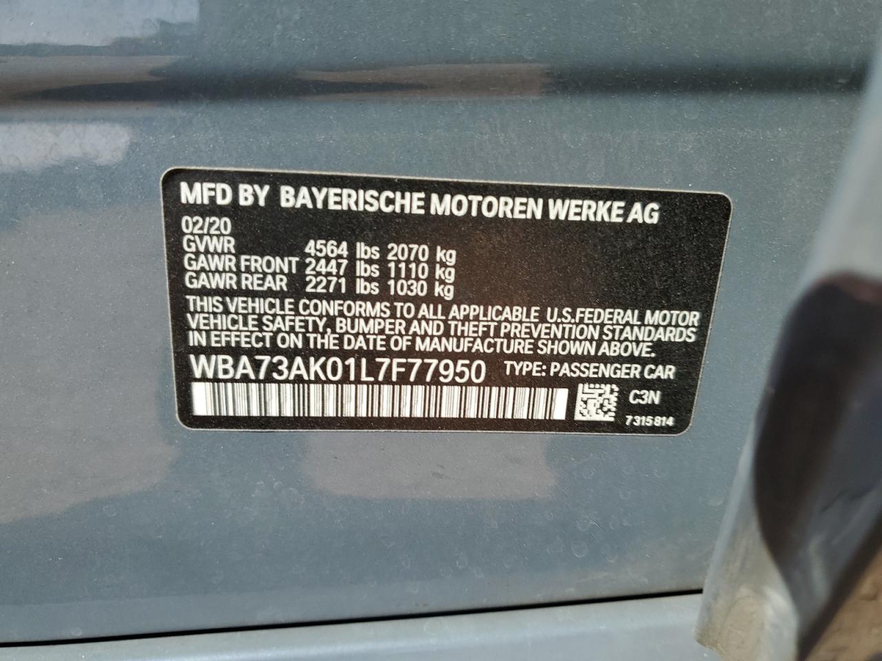 2020 BMW 228Xi VIN: WBA73AK01L7F77950 Lot: 68469235