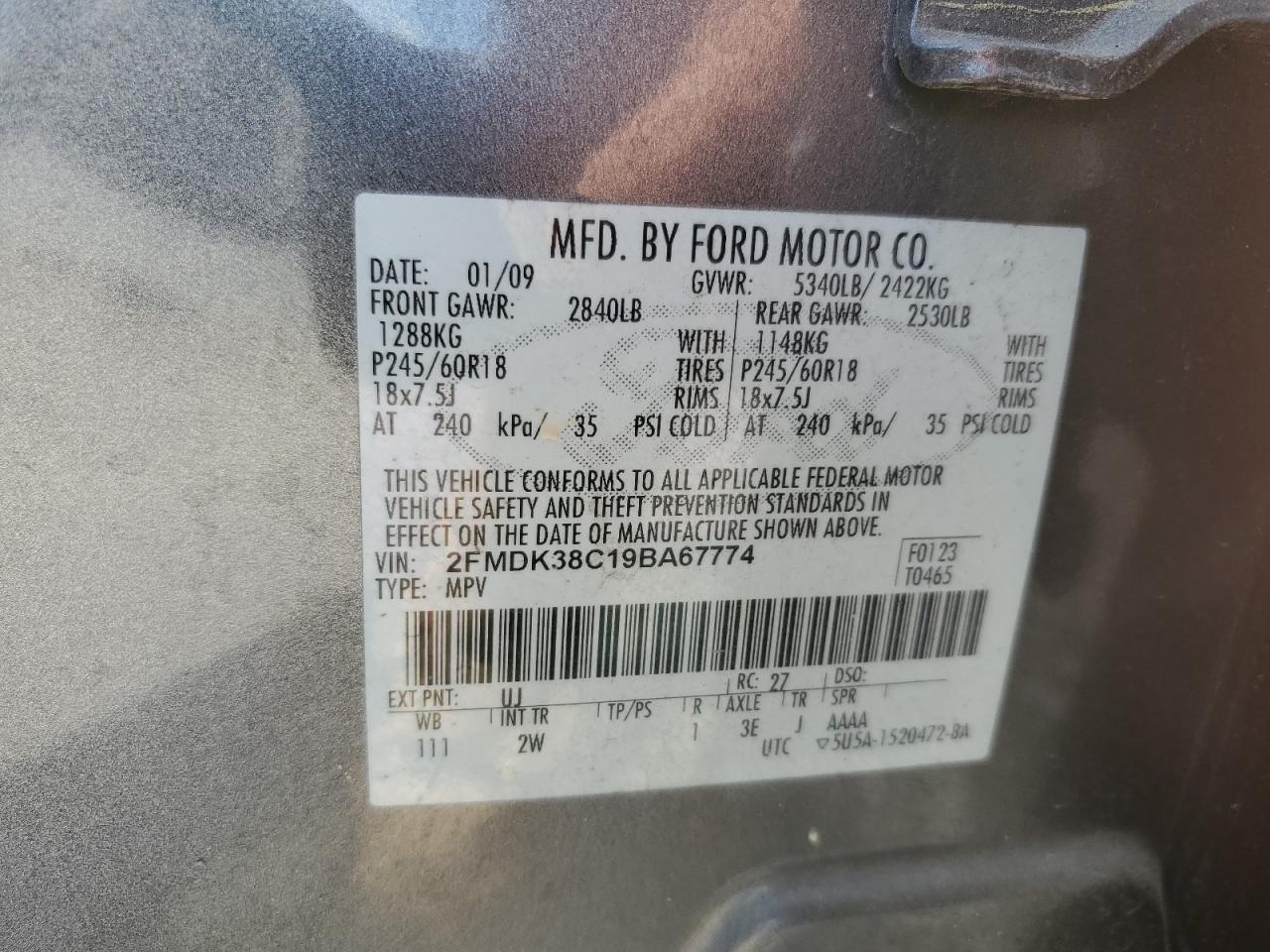 2009 Ford Edge Sel VIN: 2FMDK38C19BA67774 Lot: 70331115