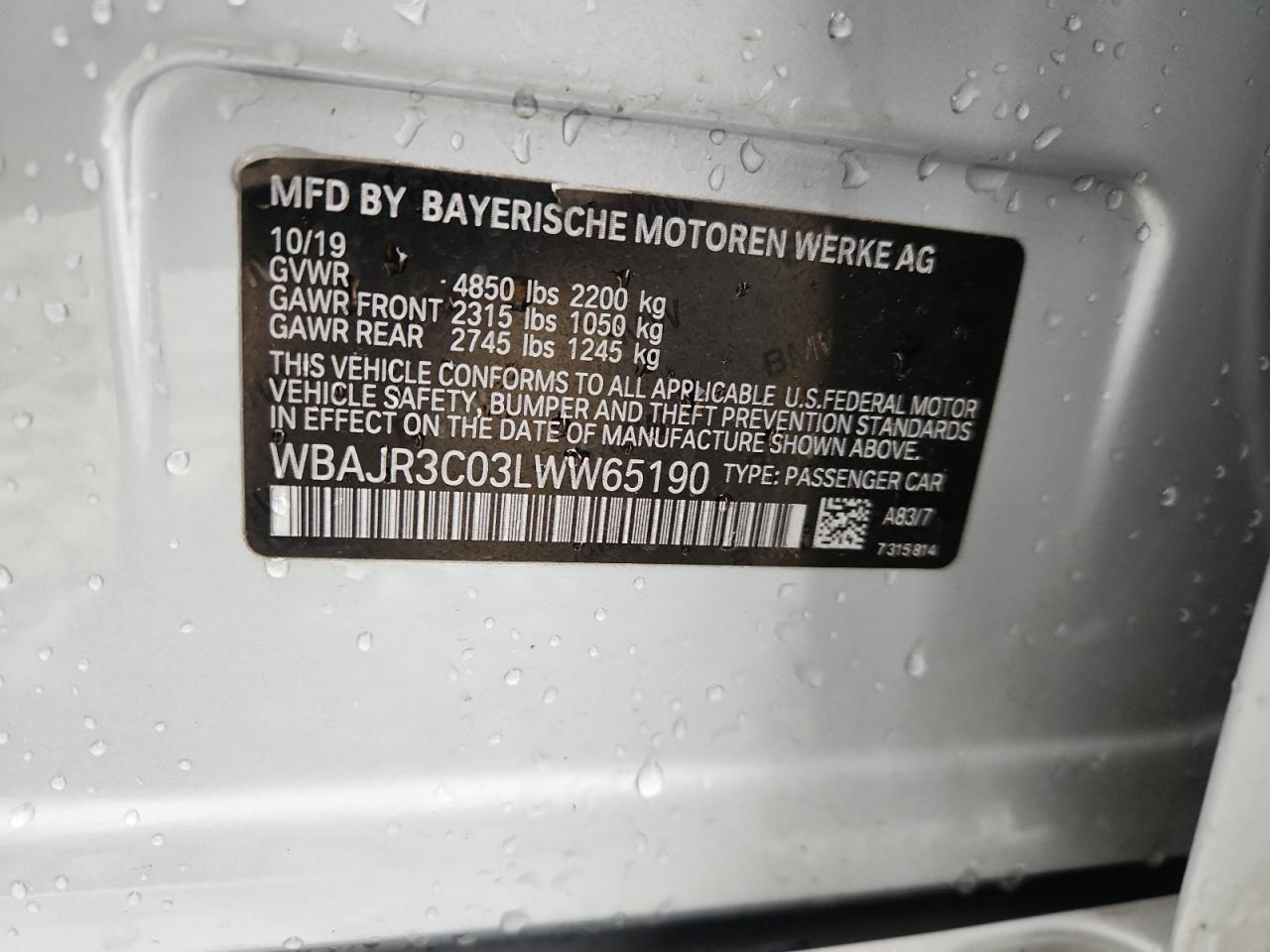 2020 BMW 530 I VIN: WBAJR3C03LWW65190 Lot: 68469065