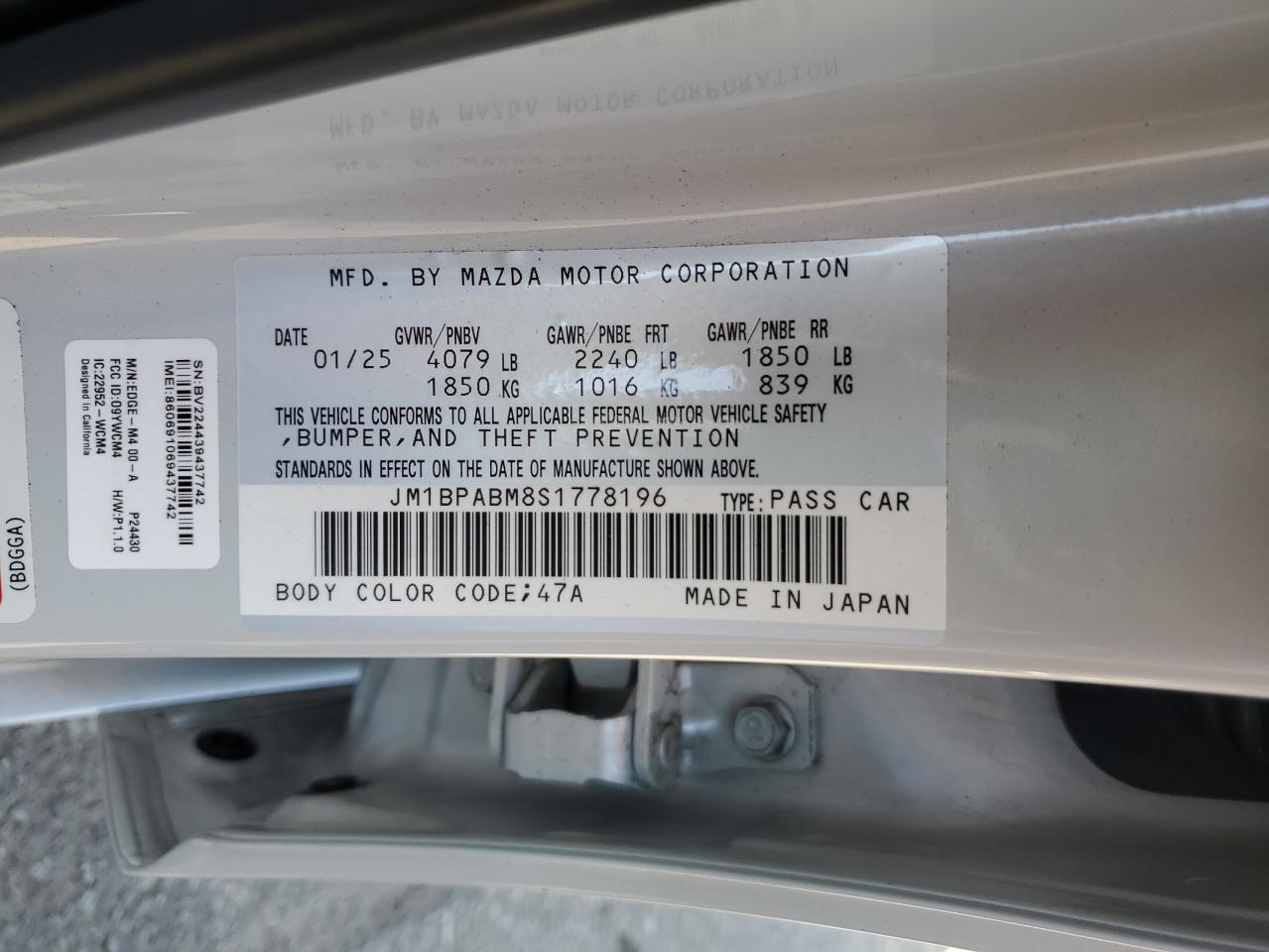 2025 Mazda 3 Select Sport VIN: JM1BPABM8S1778196 Lot: 68972595