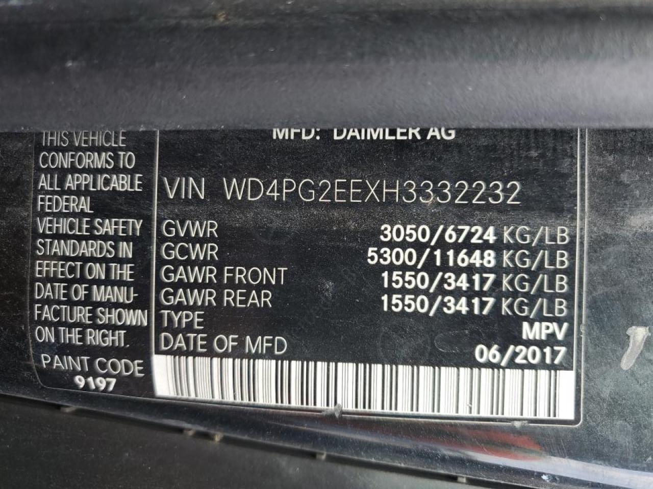2017 Mercedes-Benz Metris VIN: WD4PG2EEXH3332232 Lot: 68852855