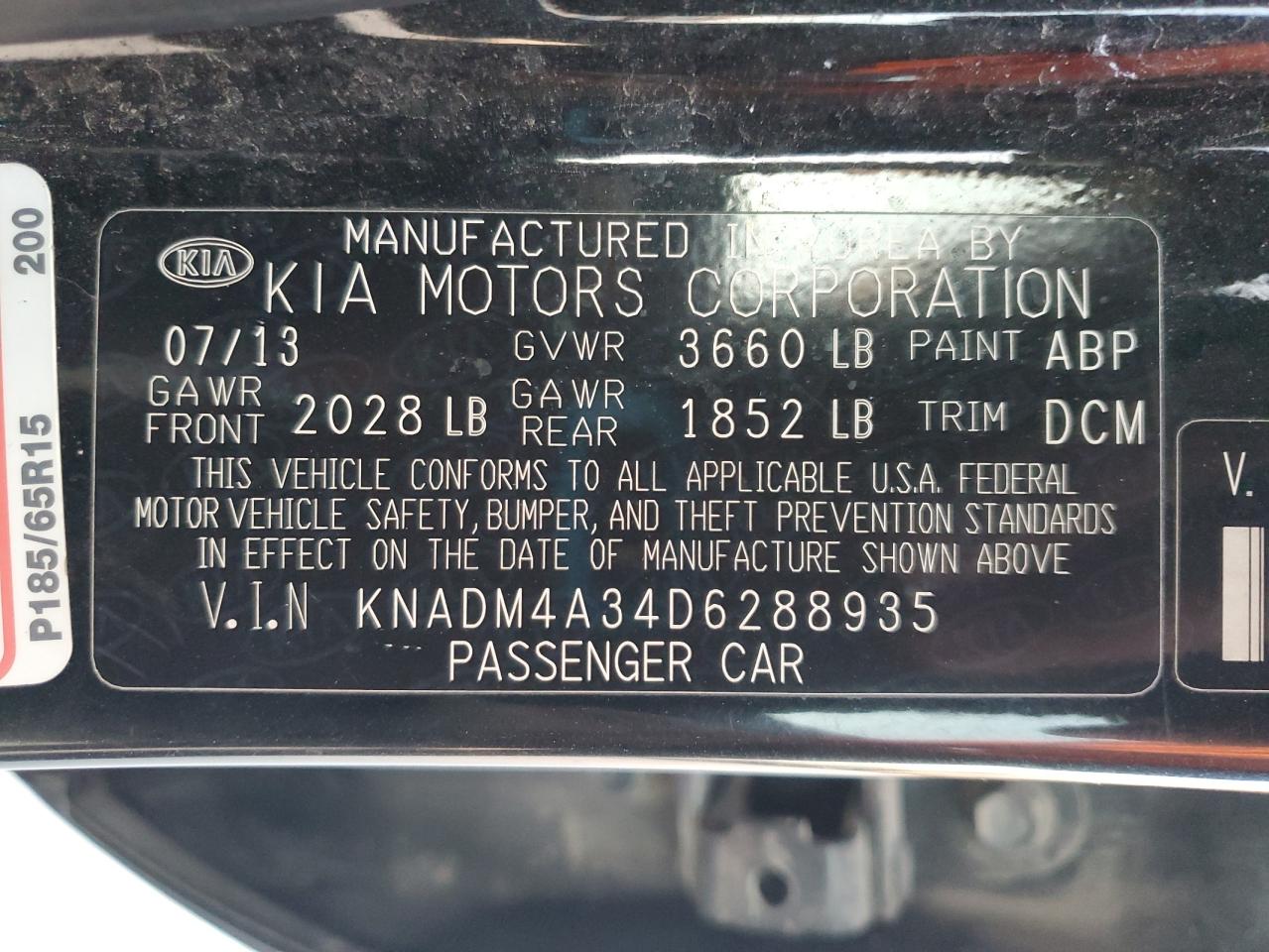 2013 Kia Rio Lx VIN: KNADM4A34D6288935 Lot: 69088825