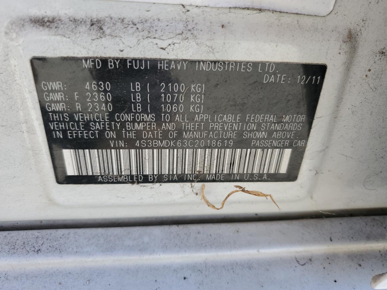 4S3BMDK63C2018619 2012 Subaru Legacy 3.6R Limited