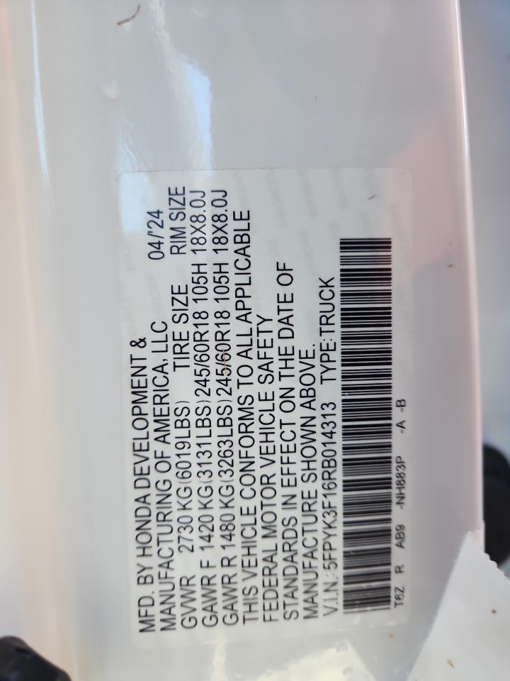 2024 Honda Ridgeline Sport VIN: 5FPYK3F16RB014313 Lot: 70105105