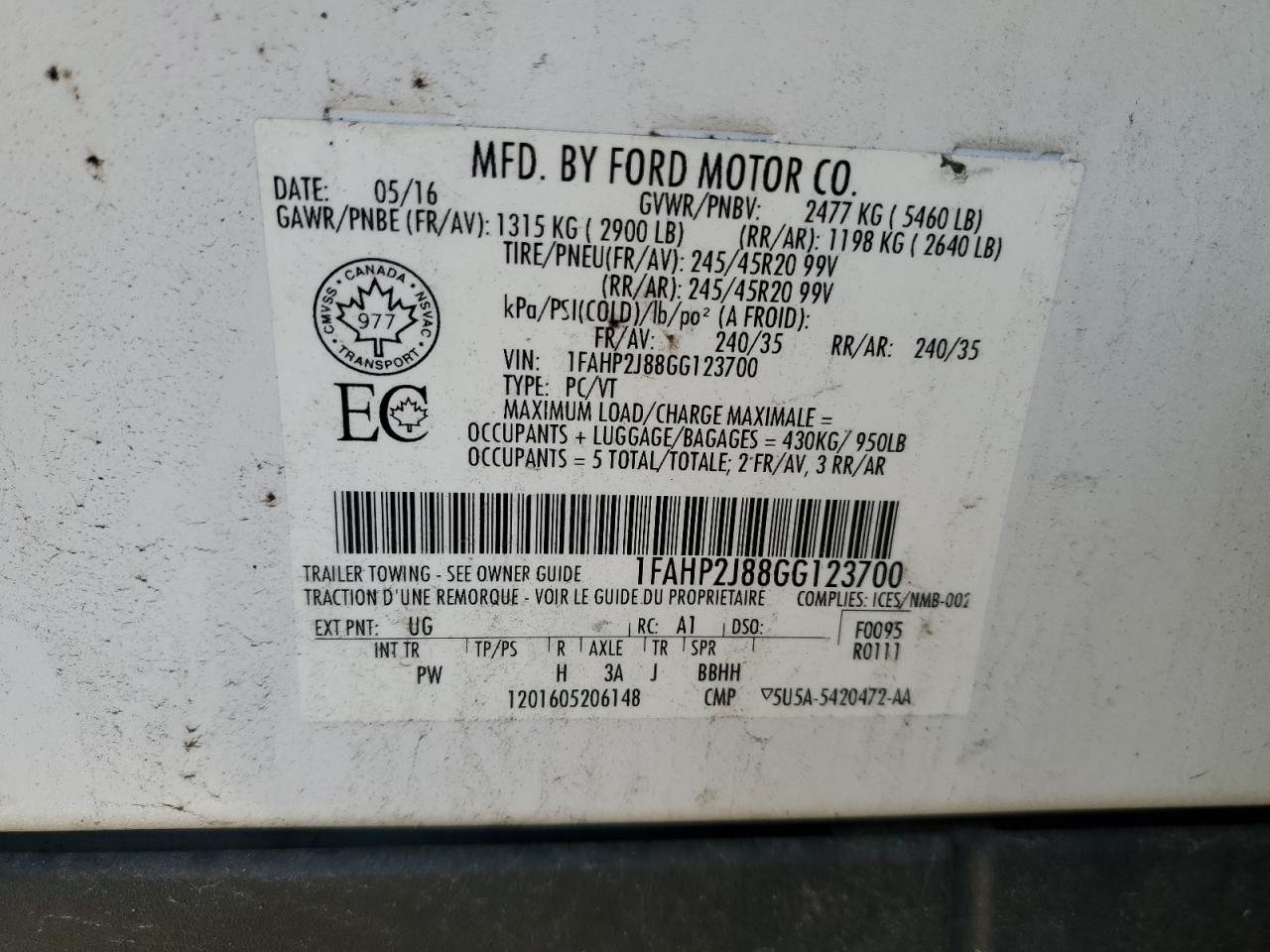 2016 Ford Taurus Limited VIN: 1FAHP2J88GG123700 Lot: 70468635