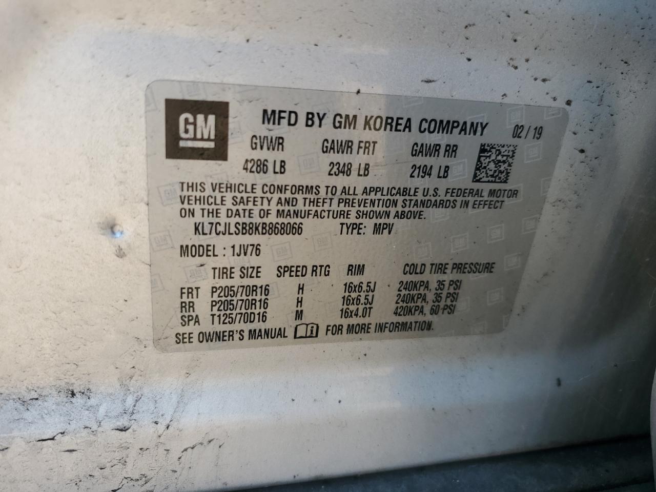 2019 Chevrolet Trax 1Lt VIN: KL7CJLSB8KB868066 Lot: 70766555