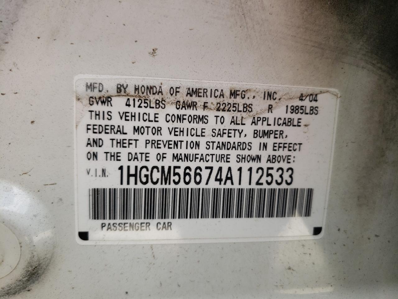2004 Honda Accord Ex VIN: 1HGCM56674A112533 Lot: 70866035
